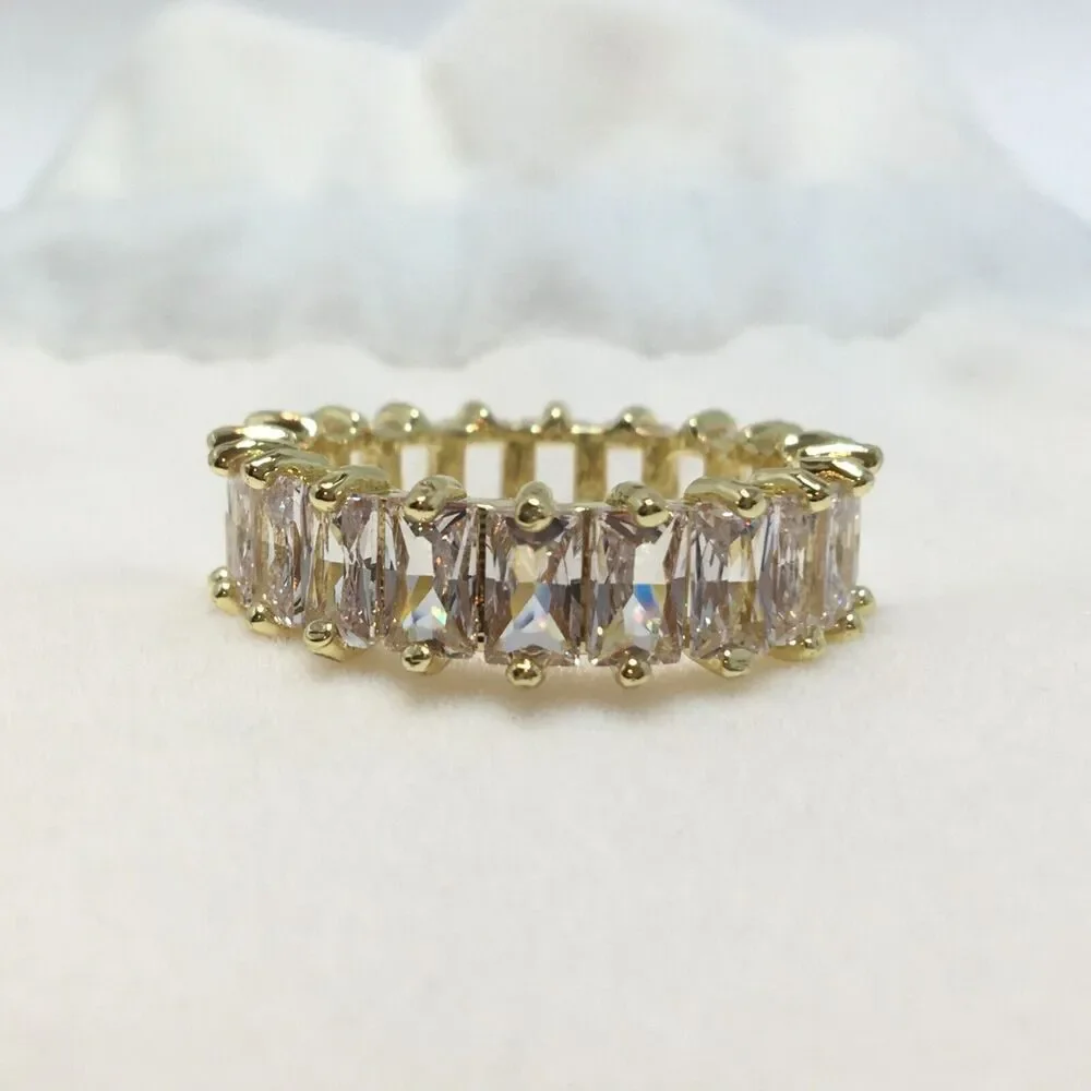 Yellow Gold Plated Eternity Ring Size 6.5 Wide Band Cubic Zirconia Baguettes